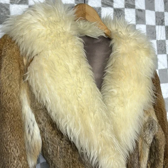 Vintage Genuine rabbit fur coat big collar chunky wool trim belt S *see note! - Picture 5 of 14